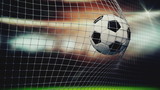 Fototapeta Sport - Slow motion of a soccer ball flying into the net. 3D animation closeup sports concept. 3d rendering