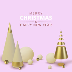 Wall Mural - Metallic gold 3D Christmas tree. Realistic abstract background with 3d. Greeting card, invitation with happy New year 2020 and Xmas. Vector Illustration