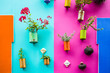 Recycled tin as flower vases environmentally friendly method hanged in colorful wall