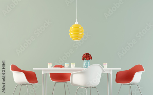 Cuadros en Lienzo Simple dining room with a table, chairs and flowers against empty wall