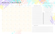 Vector monthly planner template with hand drawn shapes and textures in pastel colors.Organizer with place for goals,to do list,priorities and notes.Trendy minimalistic style.Abstract modern design.