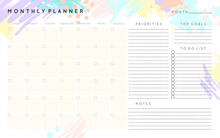 Vector Monthly Planner Template With Hand Drawn Shapes And Textures In Pastel Colors.Organizer With Place For Goals,to Do List,priorities And Notes.Trendy Minimalistic Style.Abstract Modern Design.