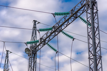 High Voltage Cables.Power station overcast cloudy day.power wires autumn day.Electric transformers.