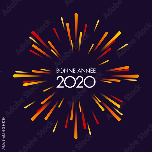 Fotografía Carte de vœux 2020, dynamique et festive, avec un feu d’artifice aux couleurs chaudes sur un fond noir pour fêter la nouvelle année