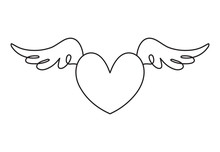 Continuous Line Drawing. Heart With Wings. Valentine's Day. Love. Black Isolated On White Background