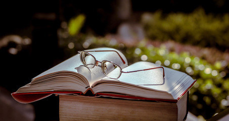 Poster - Stack of books in the library and blur  background