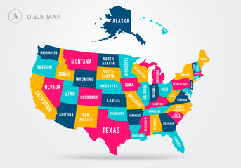 vector illustration colorful map of united states of america with state name
