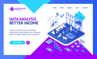 Poster - Investment and Virtual Finance Concept Landing Web Page Template 3d Isometric View. Vector