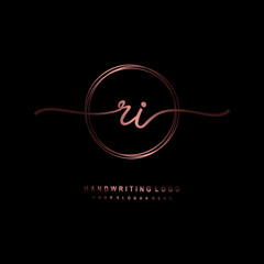 RI Initial handwriting logo design with circle lines dark pink gradation color. handwritten logo for fashion, beauty, team, wedding, luxury logo