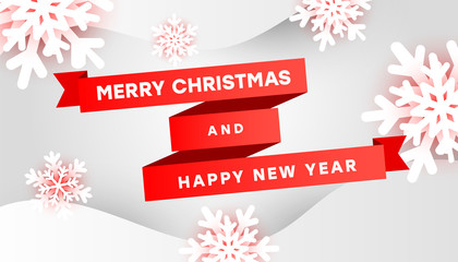 Merry Christmas and happy new year vector composition with 3d white snowflakes, red ribbons, fluid waves on grey background with copy space