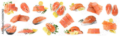 Fotomural Set of fresh raw salmon on white background. Fish delicacy