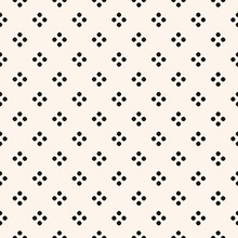 Simple Vector Minimalist Seamless Pattern. Black And White Polka Dot Geometric Texture. Abstract Monochrome Minimal Background With Small Circles, Dots, Floral Shapes. Repeat Design For Print, Textile
