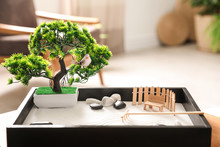 Beautiful Miniature Zen Garden On Wooden Table Indoors