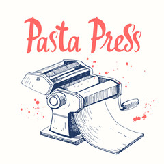 Vector illustration with pasta machine. Sketch design. Italian homemade traditional food.