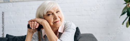 Fotografía panoramic shot of smiling senior woman with wooden cane looking at camera in apa
