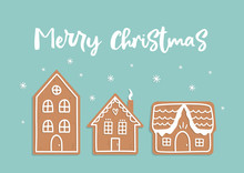Vector Doodle Christmas Card With Gingerbread Houses On Blue Background