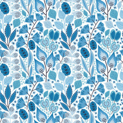 Floral seamless pattern on white. Vector Illustration. Abstract background with flowers and leaves. Natural bright design in blue colors.