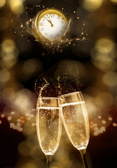 Champagne glasses are touching before clock, Prosit New Year