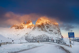 Fototapeta Na ścianę - Dolomite peaks in Italy , South Tyrol - Sunrise light during cold winter morning - Snow covered mountains with blue sky