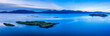 canvas print picture - aerial panorama of loch linnhe on the west coast of scotland in the argyll region of the highlands near port appin and oban and fort william showing pink skies and calm blue water
