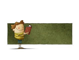 Wall Mural - Cute boy with a book in his hands is reading, behind there is space in green to put text. isolated