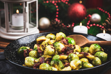 Fried Or Roasted Brussels Sprouts With Bacon. Chrstmas Festive Healthy Dish