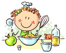 Happy Cartoon Girl Cooking, Colorful Vector Illustration