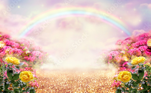 Fantasy Panoramic Photo Background With Pink And Yellow Rose Garden Path Leading To Fabulous Rainbow Unicorn House Idyllic Tranquil Morning Scene And Empty Copy Space Road Goes Across Fairy Hills Buy