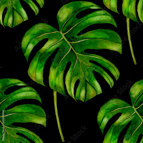 Watercolor seamless pattern with tropical leaves and flowers. Beautiful allov...