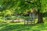 wooden bench at flower garden park