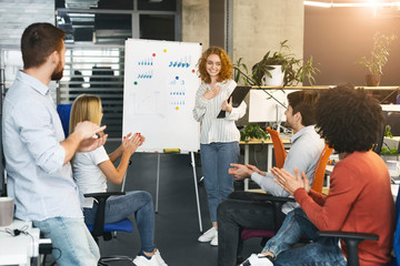Poster - Coworkers applauding to grateful female speaker in office