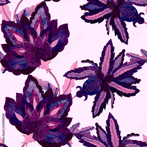 Watercolor seamless pattern with paisley flowers in arabic style. Floral deco...