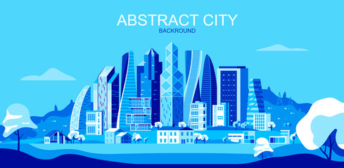 Poster - vector illustration in simple flat style - city landscape with skyscrapers and trees - abstract hori