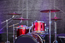 Modern Drum Set On Stage Prepared For Playing.