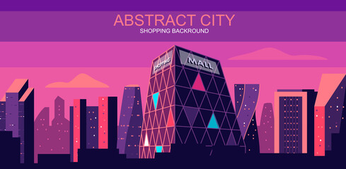 Poster - Vector illustration in simple flat style - city skyline with mall, department store - abstract consumerism banner and shopping background with copy space for text - header image for landing page.