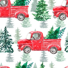 Watercolor Snowy Red Truck With Pine Trees Seamless Pattern. Winter Christmas Background With Hand Drawn Vintage Car And Holiday Tree With Snow On Branches. Forest Print.
