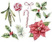 Watercolor Christmas Set With Poinsettia And Mistletoe. Hand Painted Holiday Holly, Candy Cane And Bow Isolated On White Background. Winter Floral Illustration For Design, Print, Fabric Or Background.