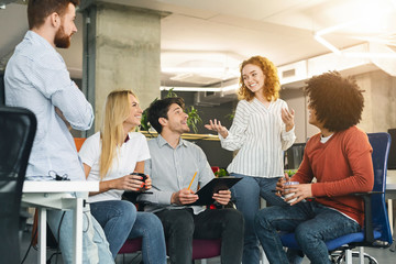 Aufkleber - Collective brainstorm of young creative team in office