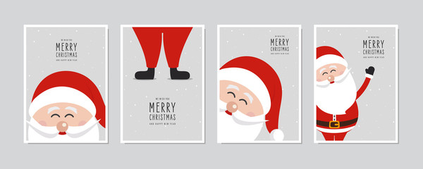 Wall Mural - cute santa claus close up card set. merry christmas and happy new year greeting winter snowy backgro