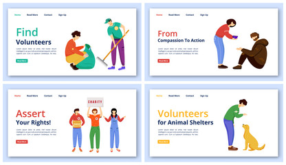 Poster - Voluntary activities landing page vector templates set. Charity website interface idea with flat illustrations. Social care and support homepage layout. Volunteer work web banner cartoon concept