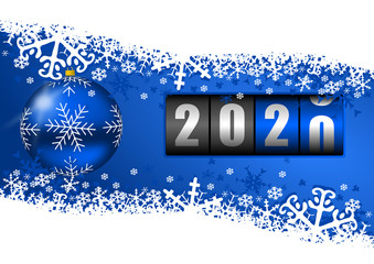 Poster - New years 2020 background, illustration, greeting card with blue christmas ball, counter and snowflakes with empty copy space