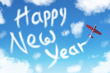 New Year 2020, a turboprop light engine aircraft draws numbers in the sky among clouds.