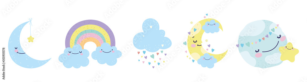 Obraz baby shower moon world cloud rainbow star decoration icons fototapeta, plakat
