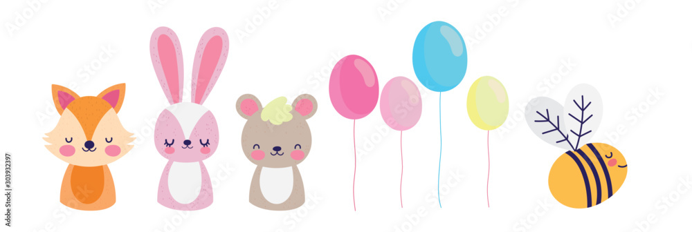 cute fox rabbit bear bee balloons decoration baby shower - obrazy, fototapety, plakaty 
