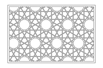 Decorative card for cutting. Arab linear geometric mosaic pattern. Laser cut. Ratio 3:2. Vector illustration.