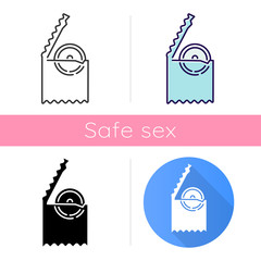 Wall Mural - Condom icon. Male rubber contraceptive in package. Pregnancy prevention. Safe sex. Sexually transmitted infection protection. Flat design, linear and color styles. Isolated vector illustrations