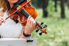 Female Musician Performs At An Outdoor Wedding. Curl With The Neck Of The Violin Closeup. The Actor Performs At A Party. Musical Instrument. Hands Of A Violinist Close-up.