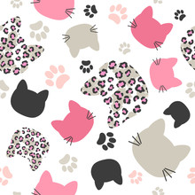 Seamless Vector Pattern With Cats Heads And Leopard Print For Kids