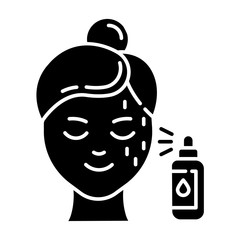 Sticker - Beauty water glyph icon. Skin care procedure. Facial beauty treatment. Spray face product in bottle for moisturizing. Cosmetics, makeup. Silhouette symbol. Negative space. Vector isolated illustration