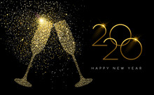 New Year 2020 Gold Glitter Champagne Toast Card